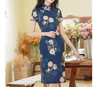 Womens Stand Collar Cheongsam Dress with Classic Chinese Retro Fashion for Casual and Festival Wear (XXXL Dark blue)