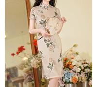 Womens Stand Collar Cheongsam Dress with Classic Chinese Retro Fashion for Casual and Festival Wear (XXXL Apricot)