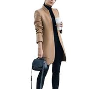 Women's Stand Collar Open Front Wool Pea Coats Fall Winter Warm Mid-Long Trench Coat Slim Fit Jackets Overcoat, Khaki, S