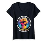 Womens Stand for Life Pro-Life Raised Fist Unborn Baby Fetus Rally V-Neck T-Shirt