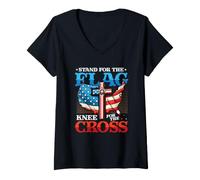 Women's Stand for The Flag Kneel for The Cross Christian Patriot V-Neck T-Shirt