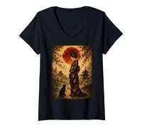 Women's Standing Geisha and Black Cat Under Red Moon Japanese Art V-Neck T-Shirt