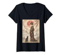 Women's Standing Geisha and Black Cat Under Red Moon Japanese Art V-Neck T-Shirt