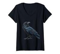 Womens Standing Raven Detailed Artwork V-Neck T-Shirt