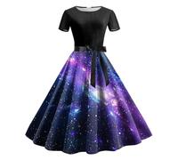Women's Star Dress Galactic Planet Skirt Neck Short Sleeve Lady, purple, L