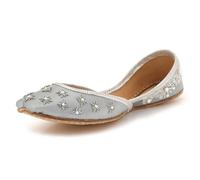 Womens Star Embroidered Punjabi Khussa Flats Handmade Ethnic Mojari Slip-On Pearl Accent Detailing Traditional Bridal Wedding Festive Party Ladies Silver Shoes Size 7 UK 40 EU