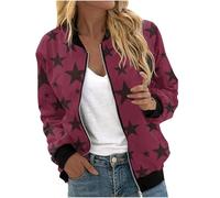 Womens Star Print Bomber Jackets Zip Up Long Sleeve Cute Jacket Lightweight Casual Loose Fit Fall Comfy Coats Wine