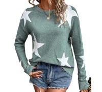 Women's Star Print Sweater Crew Neck Drop Shoulder Long Sleeve Casual Knit Pullover(Green,M)