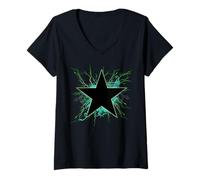 Womens Star Symbol Black Grunge Astronomy with Green Lighting V-Neck T-Shirt