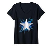 Womens Star Symbol Silver-Grey Grunge Astronomy with Blue Lighting V-Neck T-Shirt