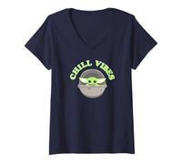 Womens Star Wars: The Mandalorian Chill Vibes Cute Grogu Green Logo V-Neck T-Shirt