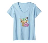 Womens Star Wars: The Mandalorian Grogu Cooking A Snack Big Poster V-Neck T-Shirt