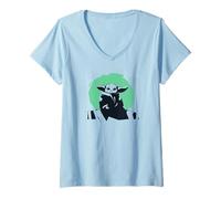 Womens Star Wars The Mandalorian Grogu Seeing Stone Woodblock Print V-Neck T-Shirt