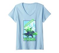 Women's Star Wars Yoda Warrior Stance Z1 V-Neck T-Shirt, Baby Blue, Small