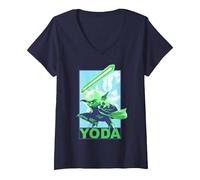 Women's Star Wars Yoda Warrior Stance Z1 V-Neck T-Shirt, Navy Blue, X-Large