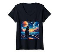 Womens Stargazing Cat on the Water V-Neck T-Shirt