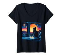Womens Stargazing Cat Sunset in a Van V-Neck T-Shirt