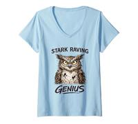 Women's Stark Raving Genius Funny Owl Portrait V-Neck T-Shirt