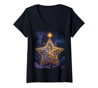 Womens Starry Flowers Celestial Garden Stars Clouds Christmas Eve V-Neck T-Shirt