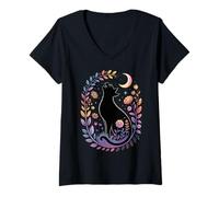 Womens Starry Moon Cat - Witchcraft Aesthetic - Cozy Fall Vibes V-Neck T-Shirt