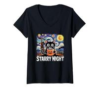 Womens Starry Night Black Cat Pumpkin Coffe Halloween Art Shirt V-Neck T-Shirt