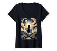 Women's Starry Night Cat with Peaceful Celestial Scene V-Neck T-Shirt