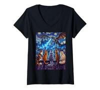 Women's Starry Night Cats Looking at Kaiju Vangogh Rooftop Funny V-Neck T-Shirt