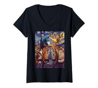 Women's Starry Night Cats Looking at Kaiju Vangogh Rooftop Funny V-Neck T-Shirt