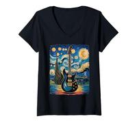 Womens Starry Night Electric Guitar - Rock Music Meets Van Gogh V-Neck T-Shirt
