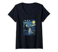 Womens Starry Night Ghost Spooky Retro Halloween Artwork V-Neck T-Shirt