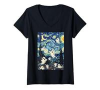 Womens Starry-Night Ghosts | Spooky Halloween Haunted Sky V-Neck T-Shirt