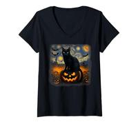 Womens Starry Night Halloween Black Cat Sitting On A Jack O'Lantern V-Neck T-Shirt