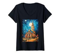 Womens Starry Night Van Gogh Artistic Church V-Neck T-Shirt