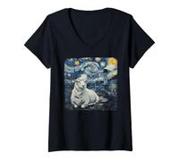 Women's Starry Night Van Gogh Sheep with Lighthouse Coast V-Neck T-Shirt