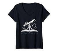Women's Starry Stories Telescope Book Astronomy Celestial Reading V-Neck T-Shirt