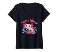Women's Starry Water Pink Axolotl Wavy Cosmos Chibi V-Neck T-Shirt