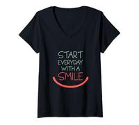 Women's Start Everyday with A Smile Helping Positive Attitude Phrase V-Neck T-Shirt