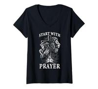 Womens Start with Prayer Minimal Christian Praying Quote V-Neck T-Shirt