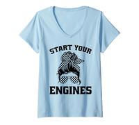 Womens Start Your Engines Checkered Flag Racing Car V-Neck T-Shirt