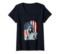 Womens Statue Of Liberty Crying Equality US Flag Silent Protest V-Neck T-Shirt