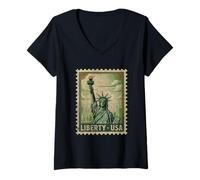 Womens Statue of Liberty USA Patriotic Vintage Stamp V-Neck T-Shirt