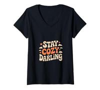 Womens Stay Cozy Darling Cute Retro Hearts Clouds Quote V-Neck T-Shirt