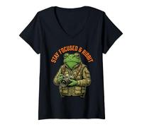 Women's Stay Focused and Ribbit Frog Photography Hobbyist Humor V-Neck T-Shirt