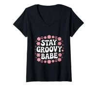 Womens Stay Groovy Babe Retro Vintage 70s Hippie Aesthetic V-Neck T-Shirt