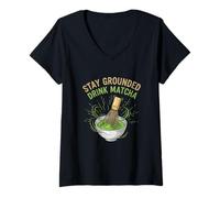 Womens Stay Grounded Drink Matcha Funny Tea Lover Humor V-Neck T-Shirt