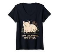 Womens Stay Grounded Nap Often Inspirational Cat Quote V-Neck T-Shirt
