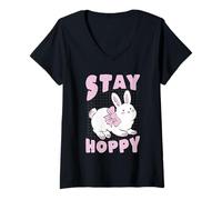 Women's Stay Hoppy Cute Kawaii Bunny Rabbit Animal V-Neck T-Shirt