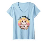 Womens Stay Pawsitive Cute Cat Coffee Lover Positive Vibes V-Neck T-Shirt