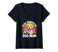 Women's Stay Pawsitive Dog Mom Retro Puppy Coffee Lover V-Neck T-Shirt
