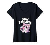 Womens Stay Pawsome Cute Cat with Bubble Funny Pet Design V-Neck T-Shirt
